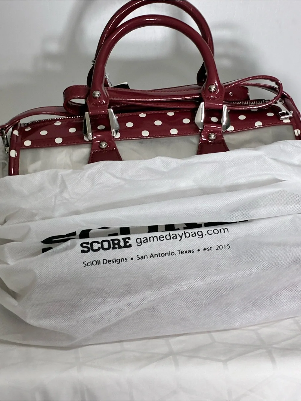 Stadium approved CLEAR bag orig. tags dustbag charm incl. maroon white polkadot